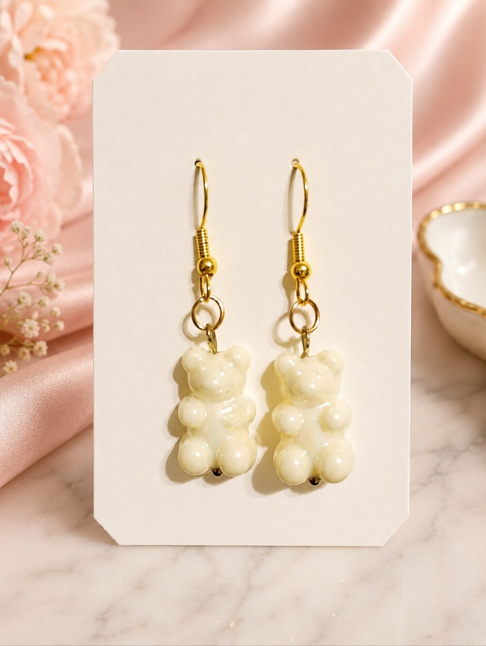 Handmade Pearly White Gummy Bear Dangle Earrings Gold Tone